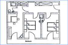 Grundriss von Appartement 3 mit zwei Schlafzimmern und Balkon
