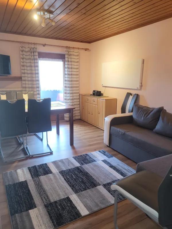 Wohnraum mit Sofa, Essplatz und Holzdecke in Appartement 3