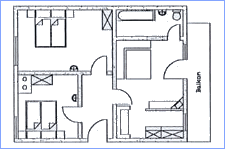 Grundriss von Appartement 6 mit zwei Schlafzimmern und Balkon