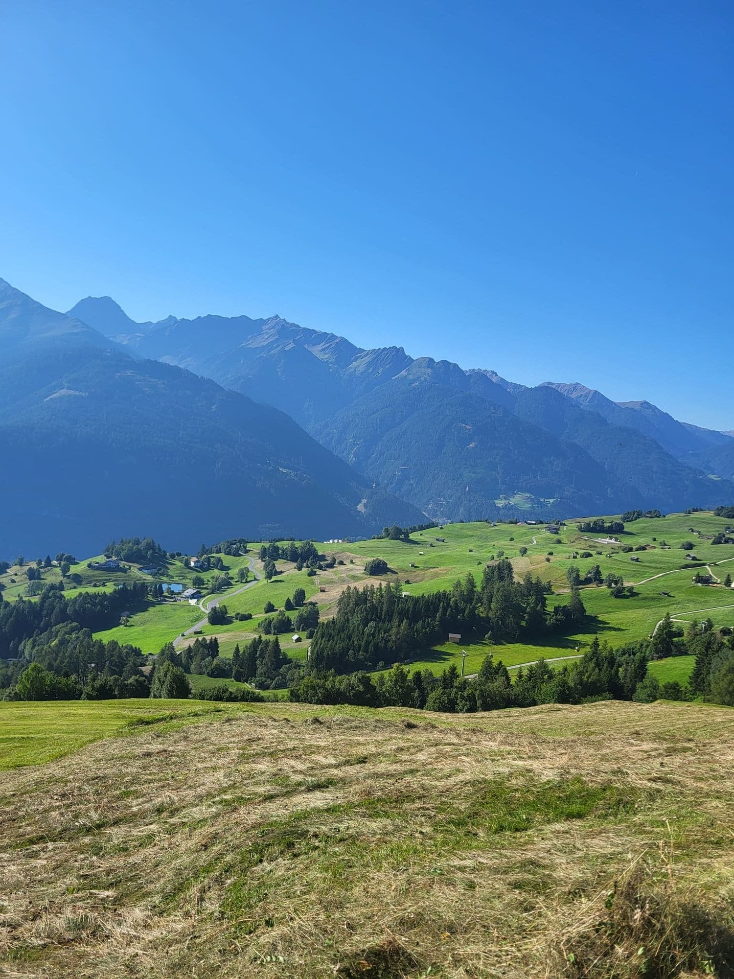 Sommerlicher Ausblick vom Sonnenplateau über grüne Wiesen auf die Berge des Kaunergrats